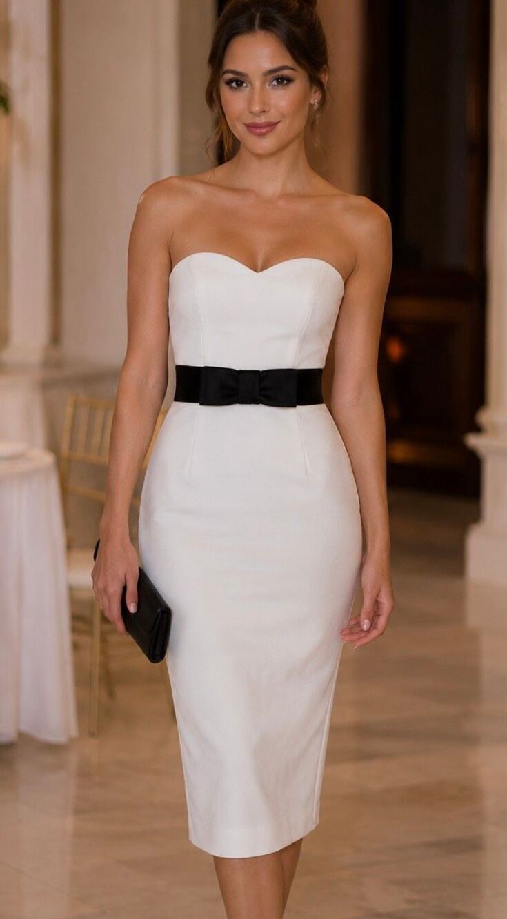 MABLE Amelia Strapless Sweetheart Midi Dress Ivory Black Bow Sheath Small